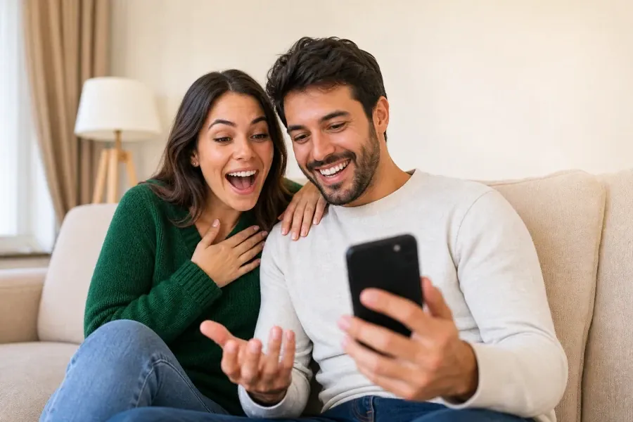 Pareja feliz usando el móvil